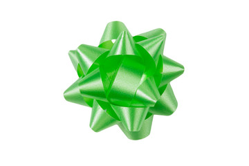 Green gift wrap bow top view on white background