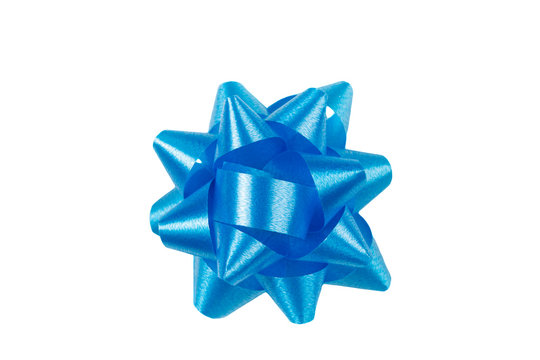 Blue gift wrap bow top view on white background
