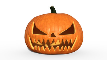 Scary Halloween pumpkin, carved Jack O’ Lantern, holiday decoration isolated on white background, 3D rendering