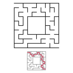 Black square maze with entrance and exit. An interesting and useful game for children. Simple flat vector illustration isolated on white background. With a place for your drawings. With the answer.