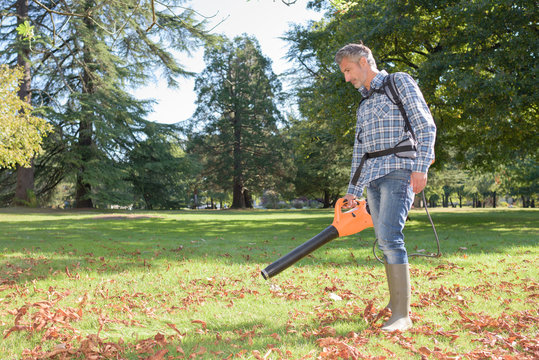 Man Using Portable Leaf Blower