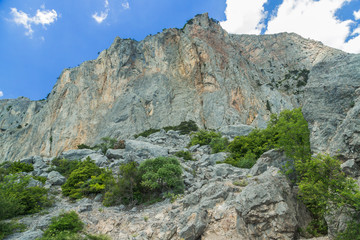 Fototapeta na wymiar Large rocky mountain peaks. With blue sky