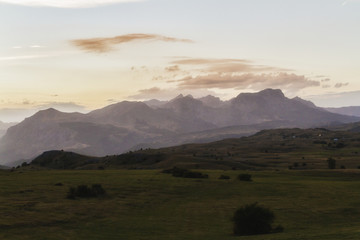 Beautiful landscape in Montenegro with fresh grass and beautiful peaks. Durmitor National Park in Montenegro.