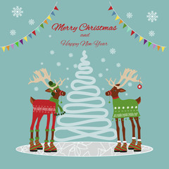 Merry Christmas postcard with two dressy deer, seasonal greetings  reindeer cartoon expression set in vector format.