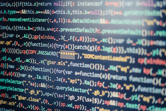 Computer screen displaying program code, website development, application building, password and private data. Access to the information, confidential personal data. Breaking protection
