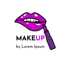 Vector illustration business card for makeup artist or salon (studio) with professional pink lipstick in a violet boxing, cartoon opened mouth and text 