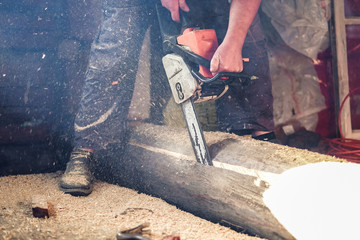 the worker saws off a log with a chainsaw - obrazy, fototapety, plakaty