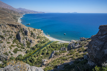 View of Preveli Beach palm beach from the mountain of Crete, Greece