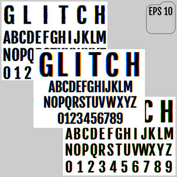 Set of vector distorted glitch fonts. Trendy style lettering typeface. Dark latin letters on white backgrounds. 3 in 1