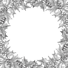 Vintage Merry christmas border. Vector  holly branches  on white background at retro hand drawn style.