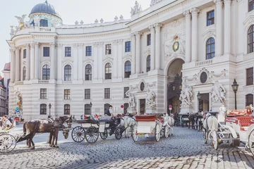 Foto op Canvas Horse drawn carriages hackney coaches standing in front of Hofburg, Imperial Palace in Vienna © Silvia Eder