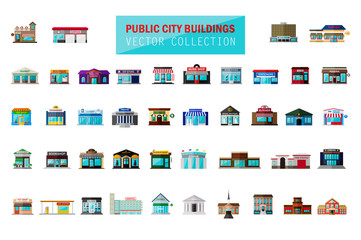 Vector flat cartoon style modern city building, market, fast food cafe, restaurant, shop, store facade, boutique with showcase icon set isolated on white background. Exterior facade buildings bundle