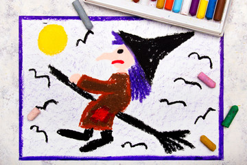 Colorful hand drawing: Old ugly witch flying on a broom. Halloween drawing on white  background