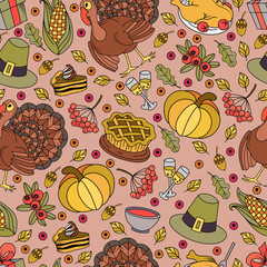 Cartoon vector hand-drawn Doodles on the subject of Thanksgiving autumn symbols