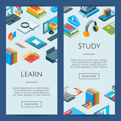 Vector isometric online education icons web banner study and learn templates illustration