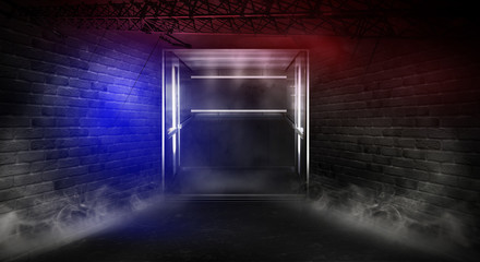 Background of an empty corridor with brick walls and neon light. Brick walls, neon rays and glow