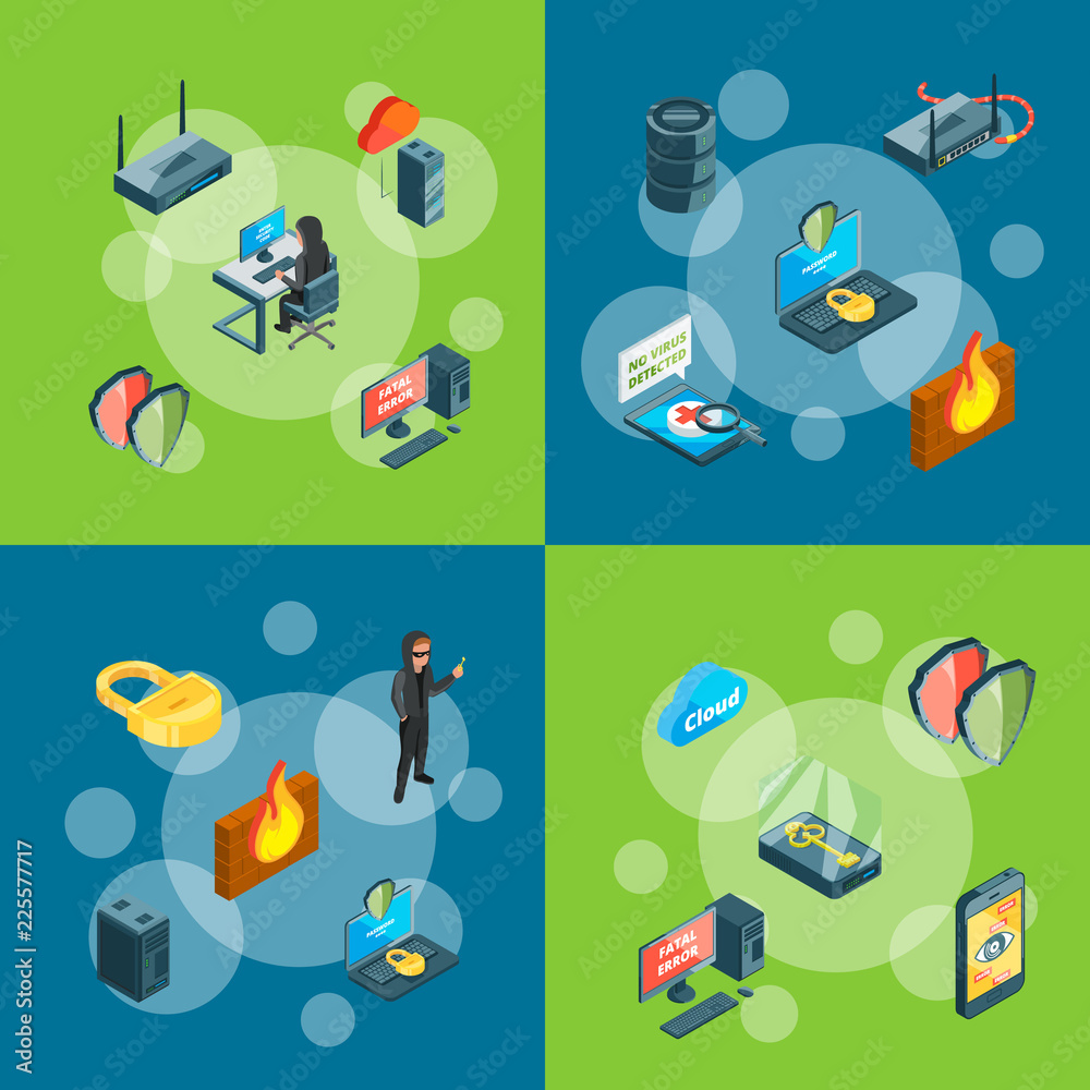 Wall mural Banner and poster vector isometric data and computer safety icons infographic concept illustration - Wall murals