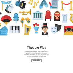 Vector flat theatre icons background with place for text illustration. Theatr play web banner page