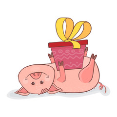 Funny Christmas symbol Piggy 2019. Piglet lies on the back with a gift