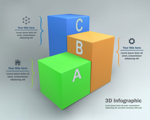 3 Steps Infographic with color Boxes, 3D vector graphic 