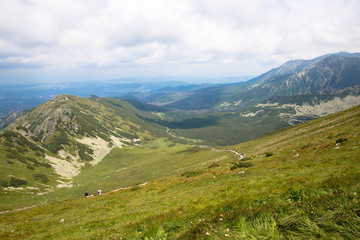 Fototapeta na wymiar Tatra National Park, Poland. Pamoramic view of mountains landscape. Zakopane, Park Narodowy Wysokie Tatry. High Tatras mountains. Świnicka (Svinica, Swinica) Przełęcz (Swinica Pass) i Kasprowy Wierch