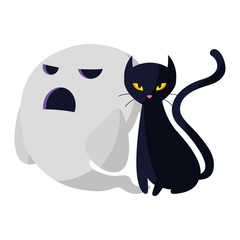 halloween black cat with ghost characters