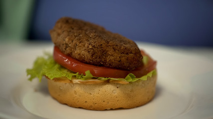 Close-up of unhealthy fatty burger lying on plate, junk food, obesity problem