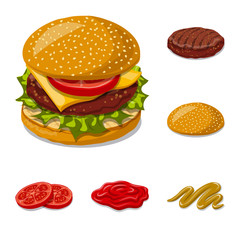 Isolated object of burger and sandwich logo. Collection of burger and slice vector icon for stock.