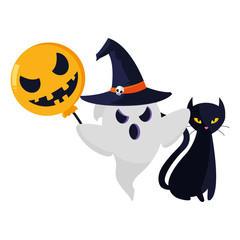 halloween black cat with ghost and balloon
