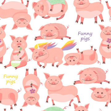 Seamless pattern with Funny Piggy symbol 2019 new year. Piglet smiles, sits, lies, eats porridge, sleeps, pig unicorn.