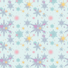 Seamless Christmas pattern. Colorful snowflakes on a light blue background.