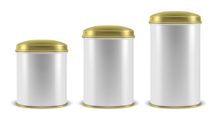 Vector realistic 3d white blank metal aluminium tin can containers with gold cap different size - small, medium and big - icon set closeup isolated on white background. Design template for graphics