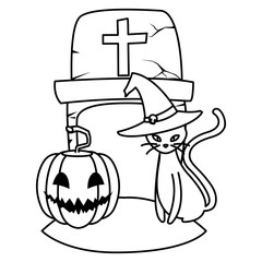 halloween black cat with gravestone