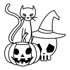 halloween black cat with pumpkin and skull