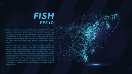 Fish particles on a dark background. Fish consists of geometric shapes. Vector illustration.
