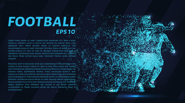Football of particles on a dark background. Football players consists of geometric shapes. Vector illustration.