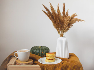 White Cup of Coffee Cappuccino Cottage Cheese Pancakes, Yellow Mustard Color Plaid, Bedroom, Autumn Concept, Cosiness