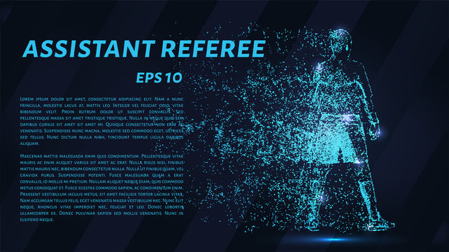 Assistant referee of particles on a dark background. The referee's assistant consists of geometric figures. Vector illustration.