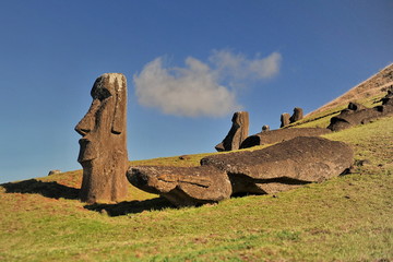 Giant statues on the volcano of the island of Rapa Nui.