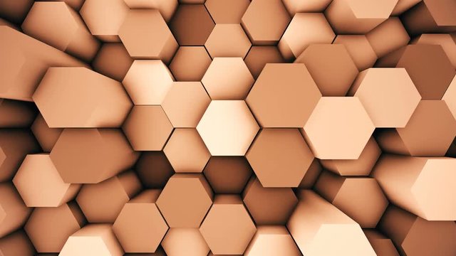 Abstract modern hexagonal surface 3D animation loop. Orange voxel grid particle honeycombs moving up and down in seamless waves. Technology, information and future concept in loopable background.