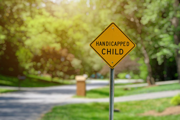 Yellow handicapped child street sign in a beautiful residential area.
