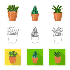Vector illustration of cactus and pot sign. Collection of cactus and cacti stock vector illustration.