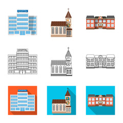 Vector design of building and front sign. Collection of building and roof vector icon for stock.