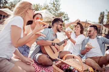 Group of happy young people having picnic on the beach