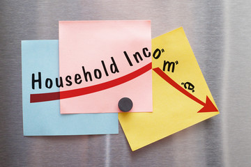 Sticky paper notes on stainless steel surface of a fridge showing word Household income with red broken arrow.