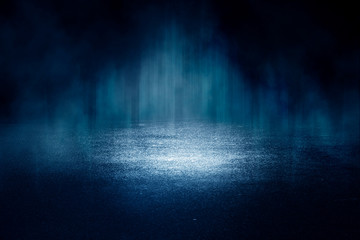 Background of empty room with spotlights and lights, abstract purple background with neon glow