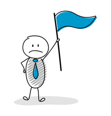 Business concept of leadership with sad cartoon person holding flag. Vector.