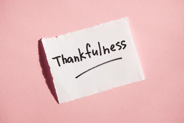 Thankfulness - text on white paper with pink background
