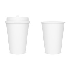 Vector realistic image (mockup, layout) of a white closed paper cup for coffee (or other beverages) with a white lid and open without a lid. The image was created using gradient mesh. Vector EPS 10.