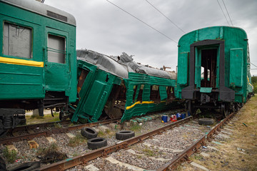 Broken train for training at the training ground of the Noginsk Rescue Center. Town of Noginsk,...